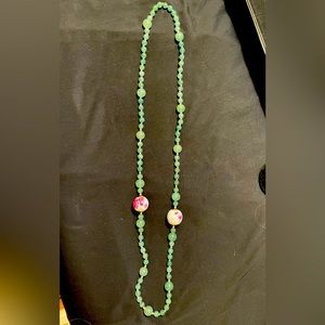 Green stone necklace with porcelain painted beads 30” looks like jade